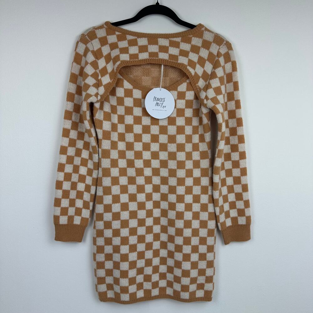 NWT Princess Polly Womens Dana Checkered Beige/White Mini Sweater Dress M/L